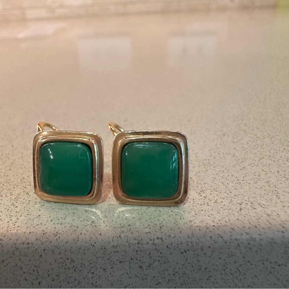Faux Jade Gold Tone Screw Back Earrings